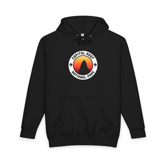 Black Capitol Reef National Park hoodie, front view with round emblem design