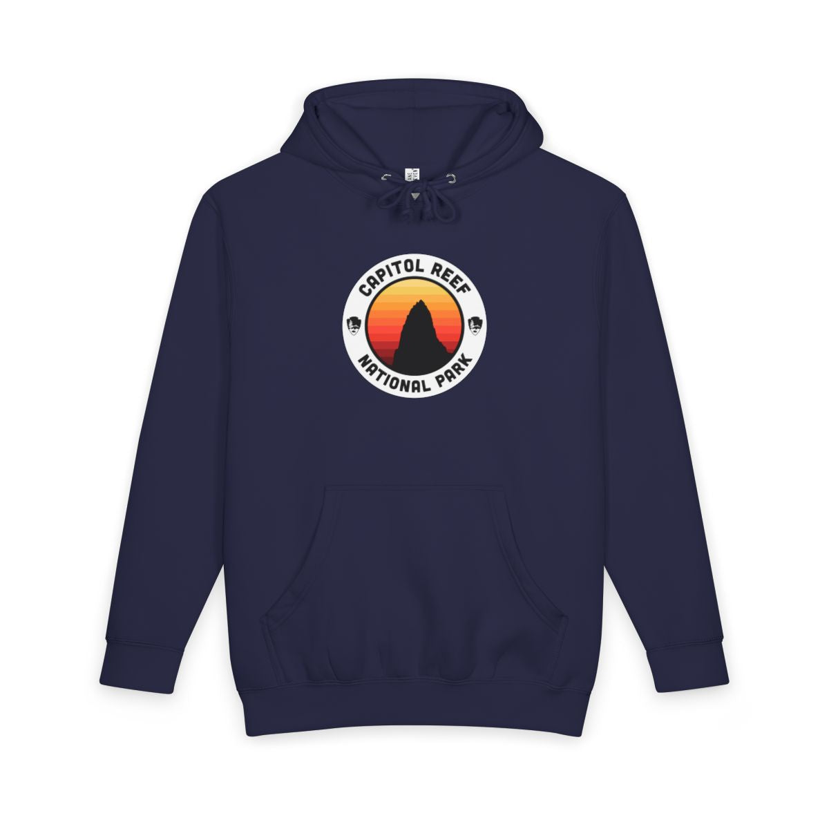 Navy Blue Capitol Reef National Park hoodie, front view with round emblem design