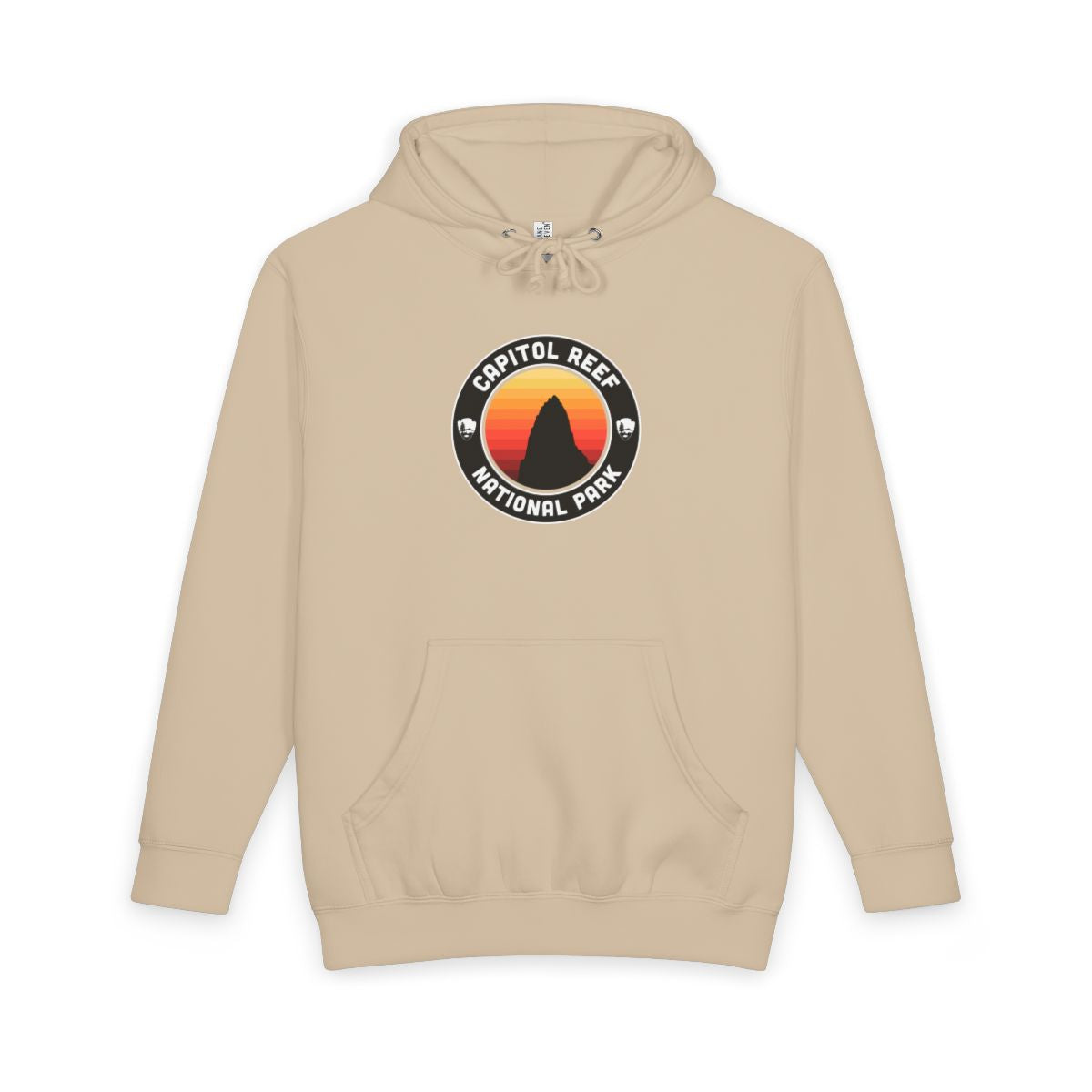 Mushroom Capitol Reef National Park hoodie, front view with round emblem design