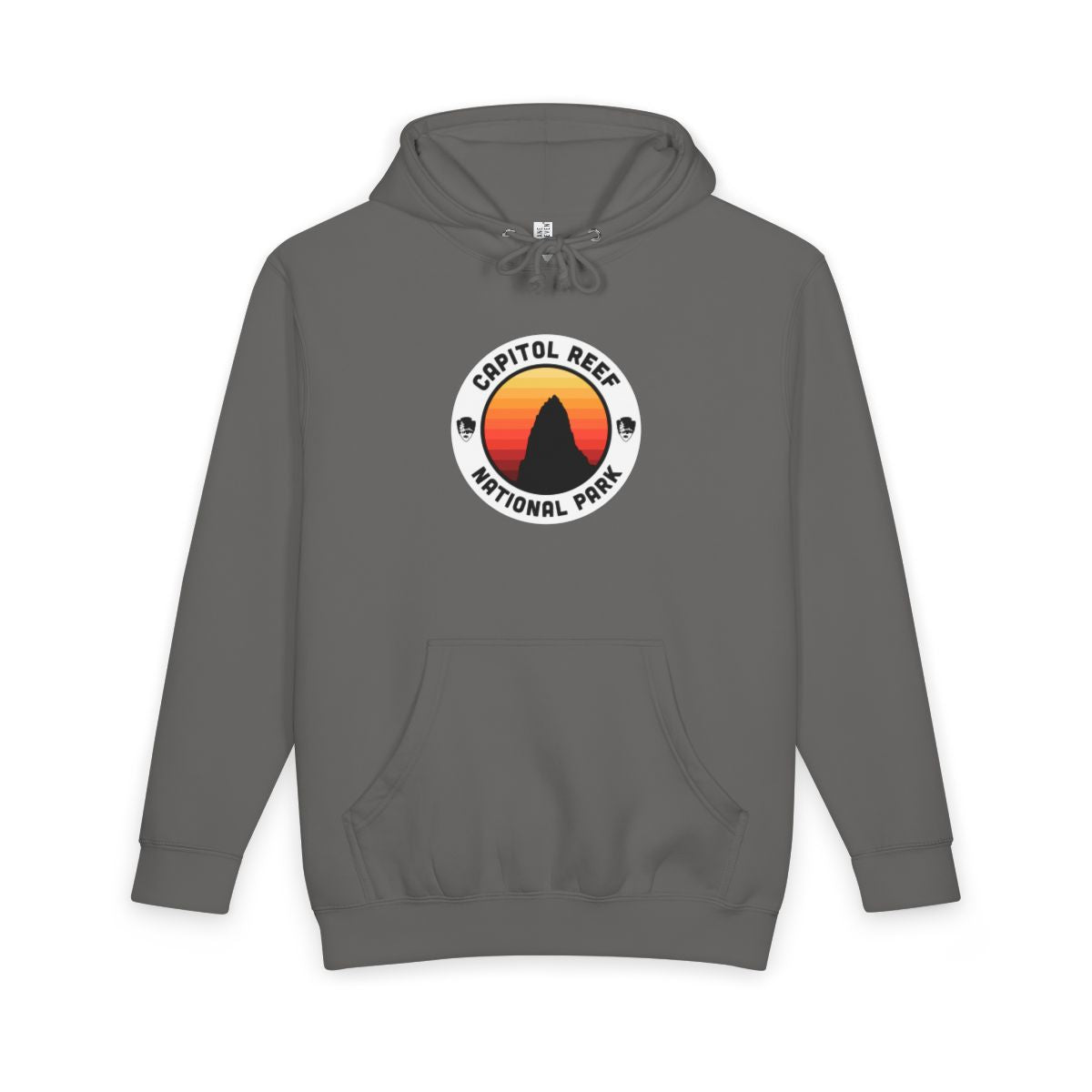 Storm Capitol Reef National Park hoodie, front view with round emblem design