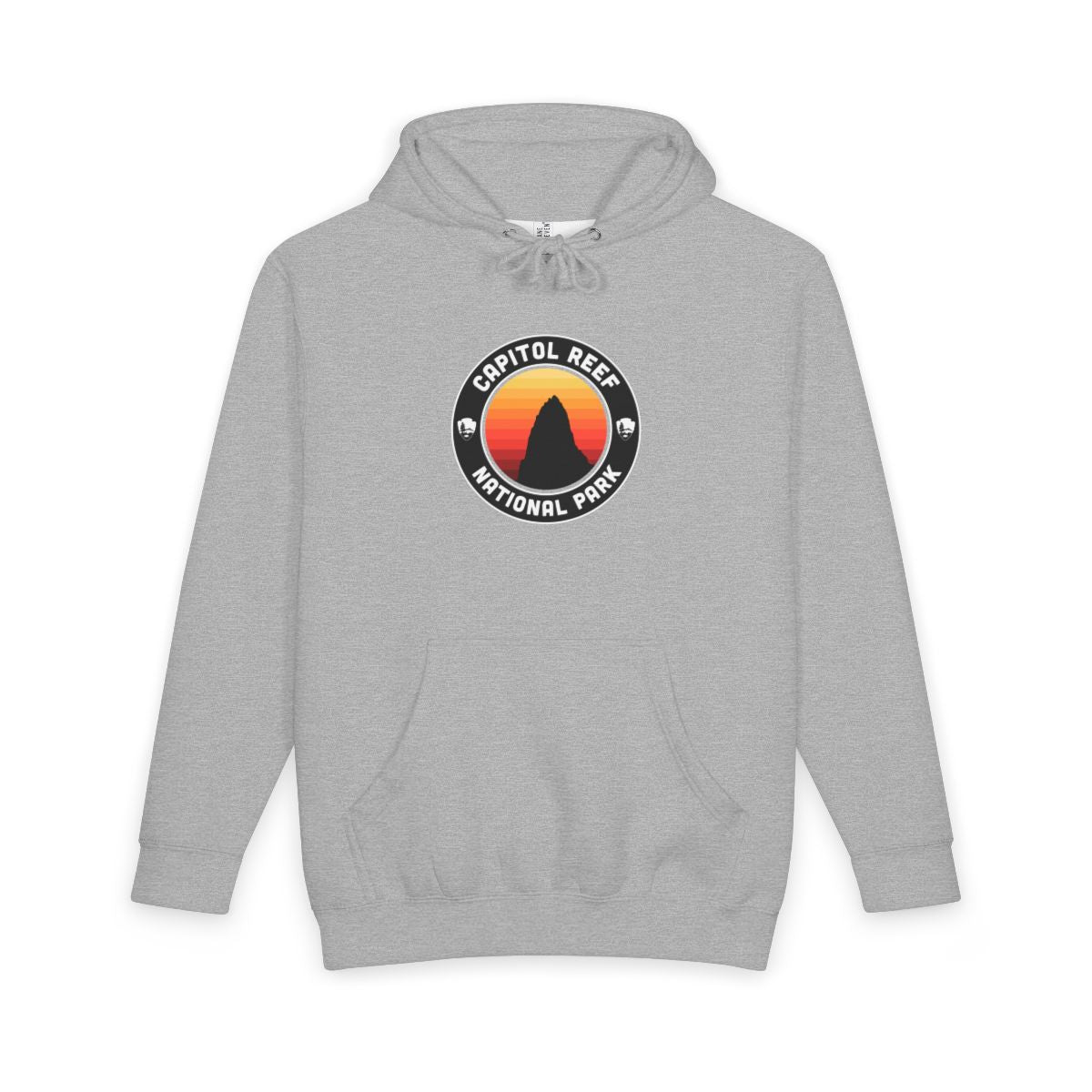 Heather Grey Capitol Reef National Park hoodie, front view with round emblem design