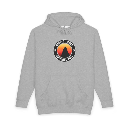 Heather Grey Capitol Reef National Park hoodie, front view with round emblem design