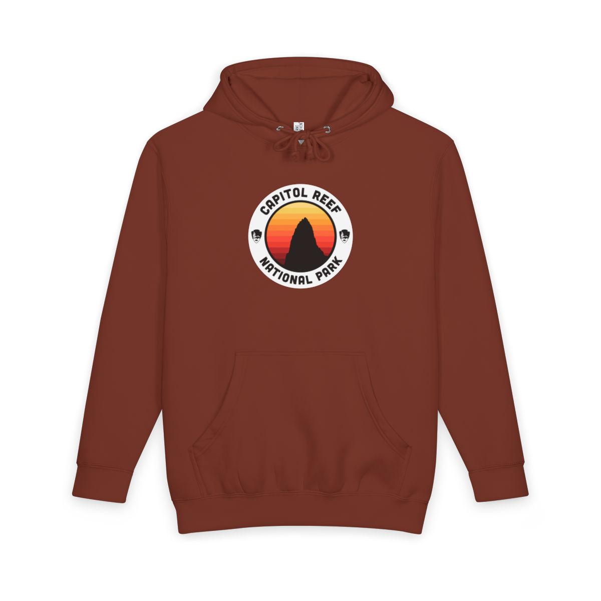 Paprika Capitol Reef National Park hoodie, front view with round emblem design