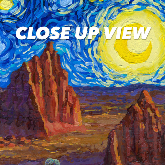 Close-up view of the Capitol Reef National Park Starry Night poster artwork, showing colorful Van Gogh-inspired brushwork