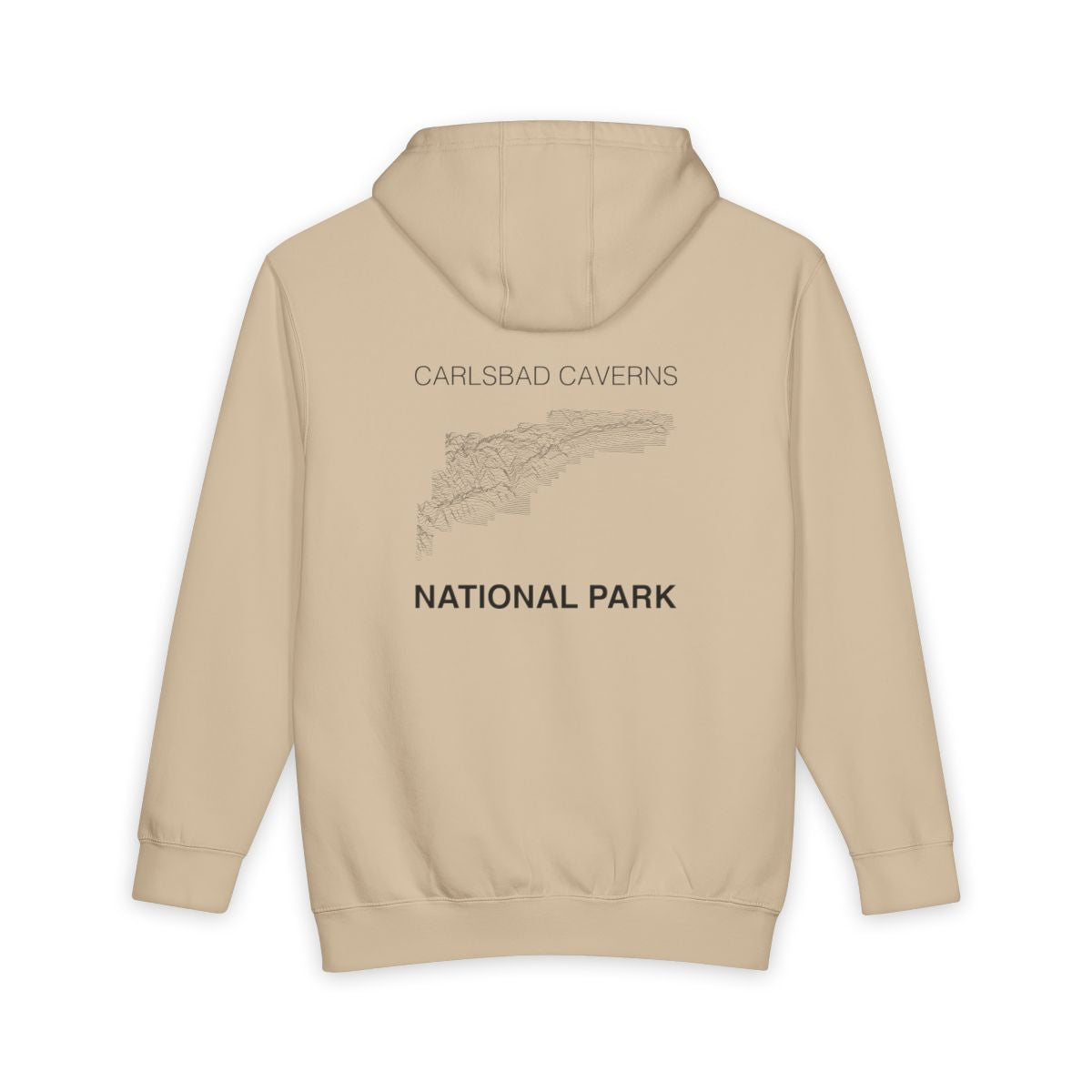 Mushroom Carlsbad Caverns National Park hoodie, back view with topographic line design