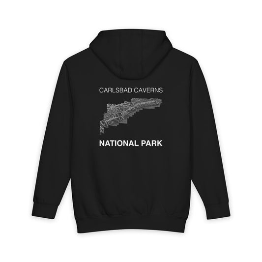 Black Carlsbad Caverns National Park hoodie, back view with topographic line design