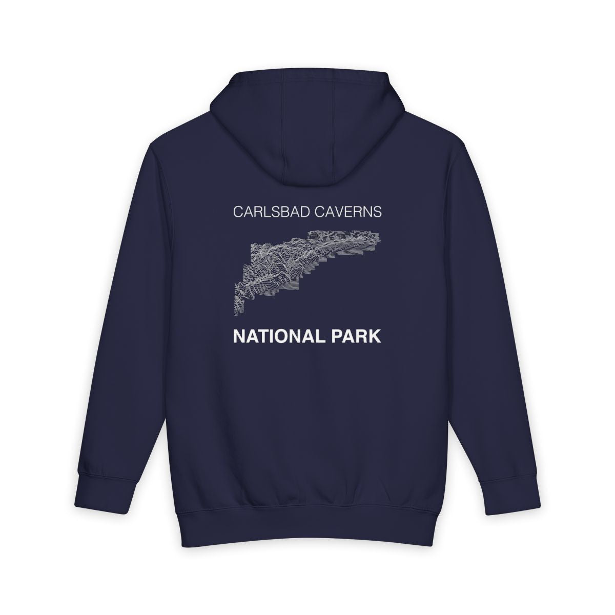 Navy Blue Carlsbad Caverns National Park hoodie, back view with topographic line design
