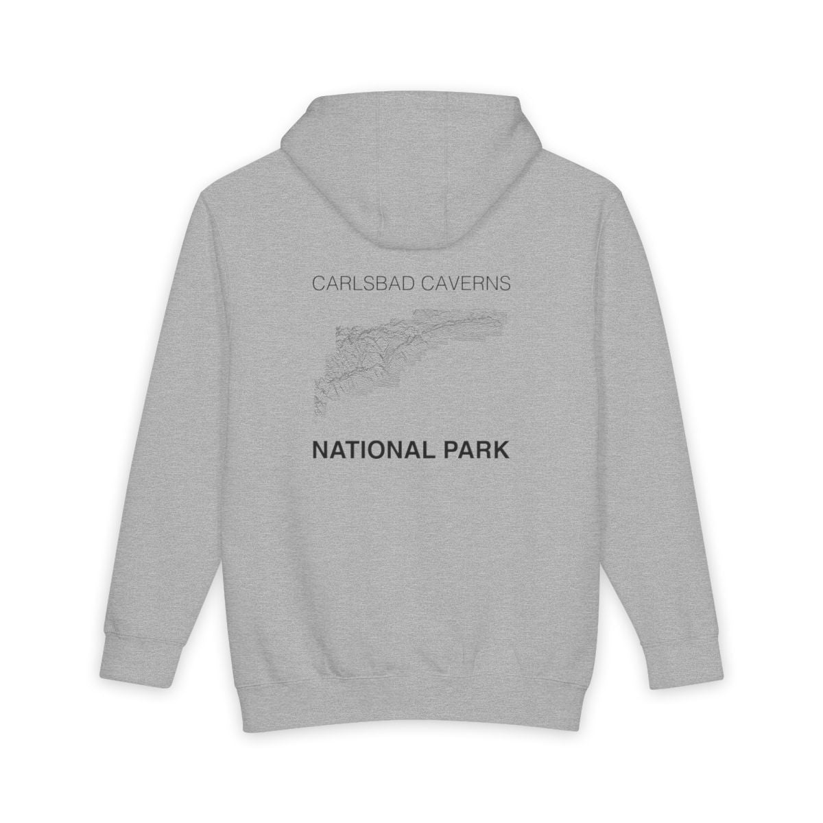 Heather Grey Carlsbad Caverns National Park hoodie, back view with topographic line design