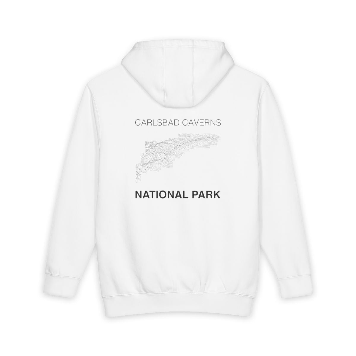 White Carlsbad Caverns National Park hoodie, back view with topographic line design