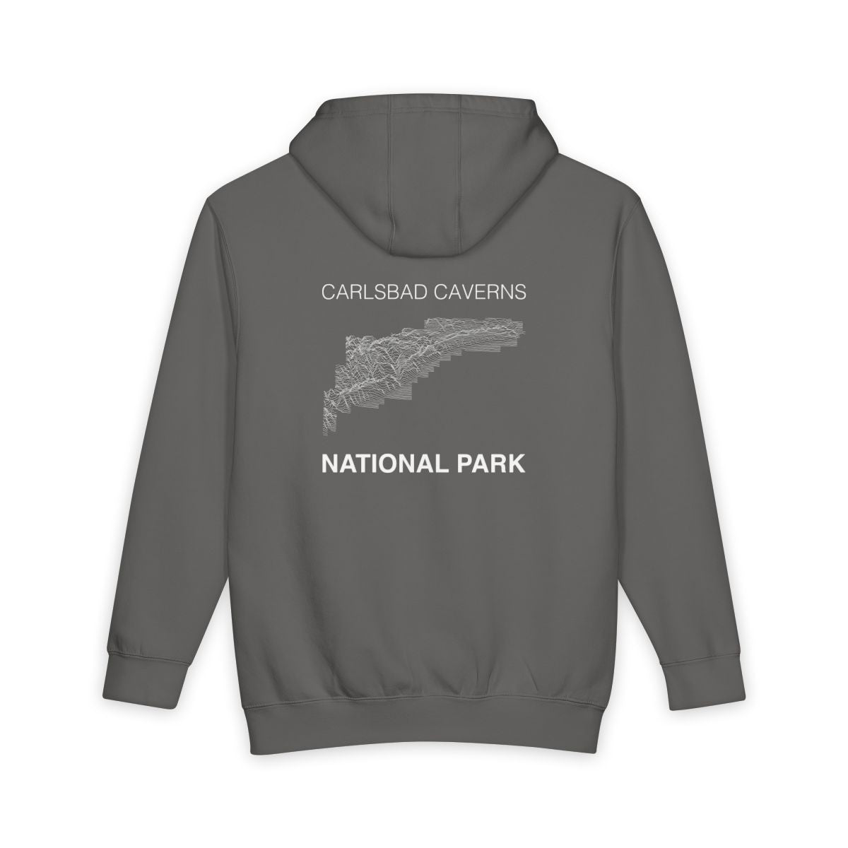 Storm Carlsbad Caverns National Park hoodie, back view with topographic line design
