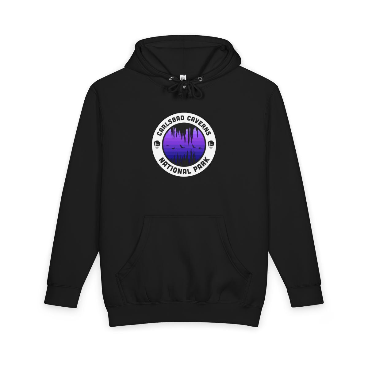 Black Carlsbad Caverns National Park hoodie, front view with purple round emblem design