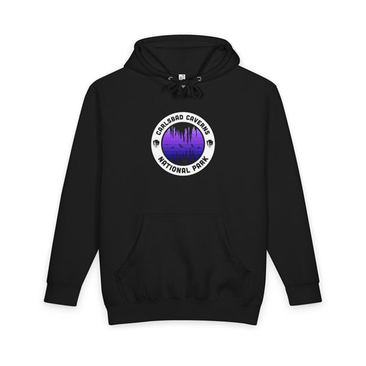 Black Carlsbad Caverns National Park hoodie, front view with purple round emblem design