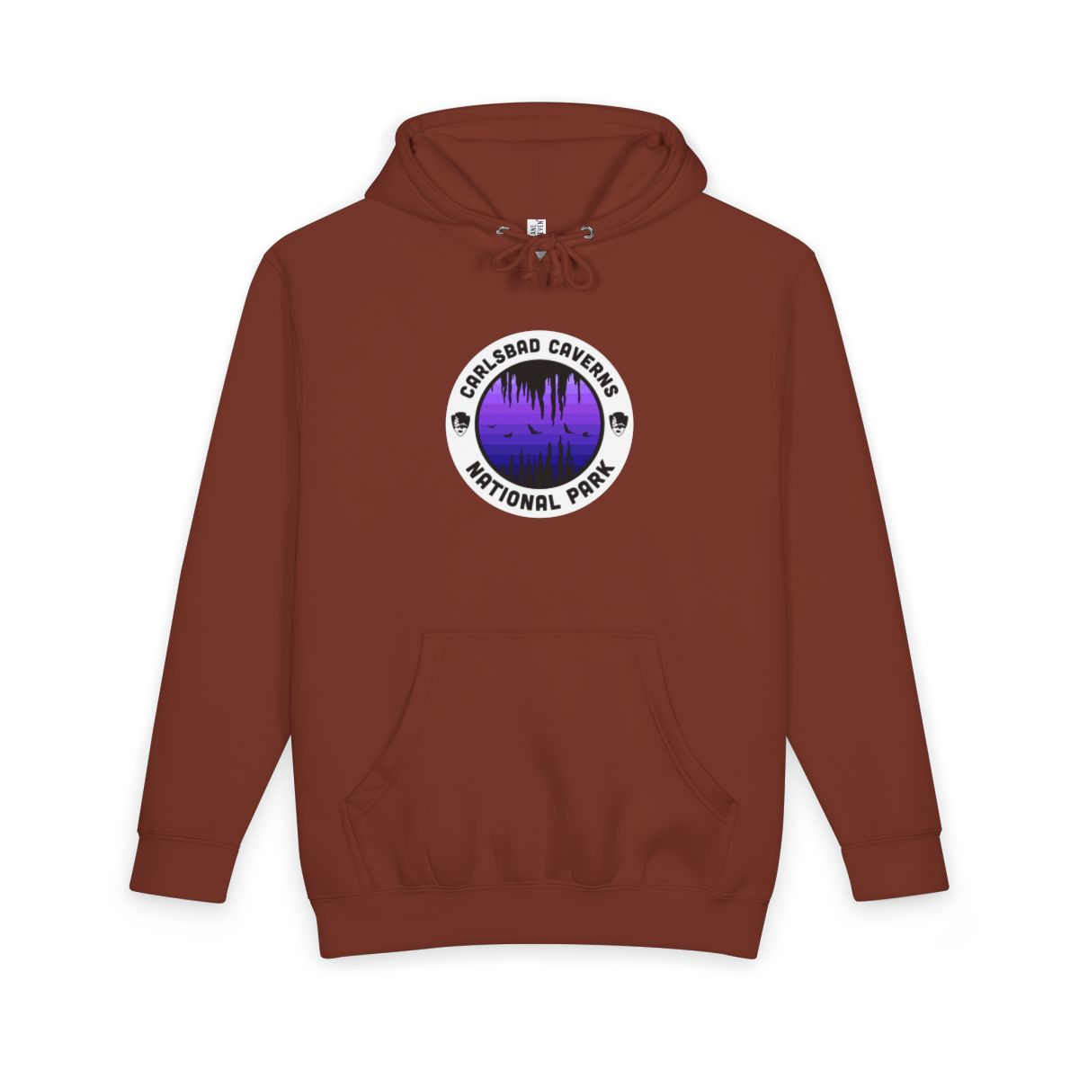 Paprika Carlsbad Caverns National Park hoodie, front view with purple round emblem design