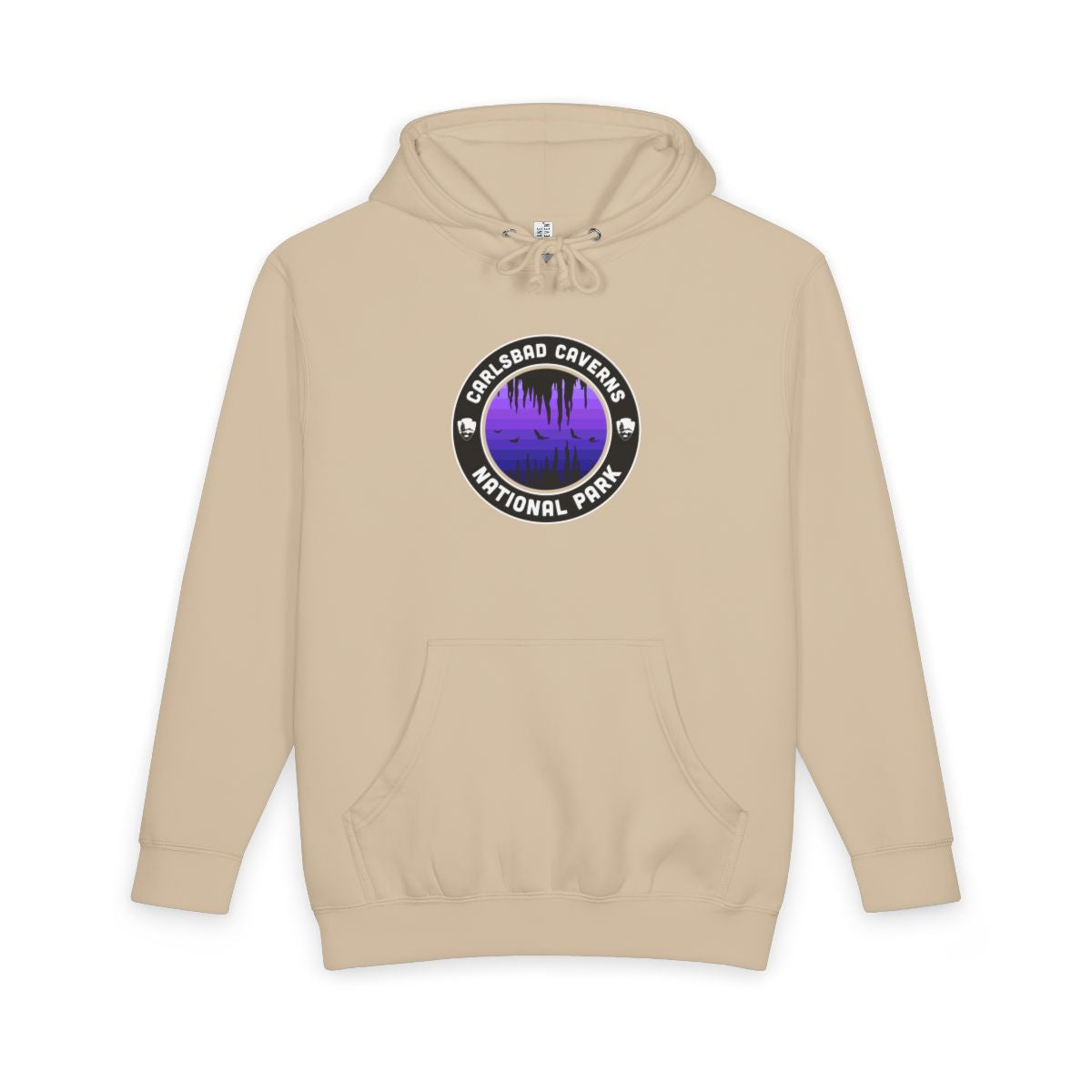 Mushroom Carlsbad Caverns National Park hoodie, front view with purple round emblem design