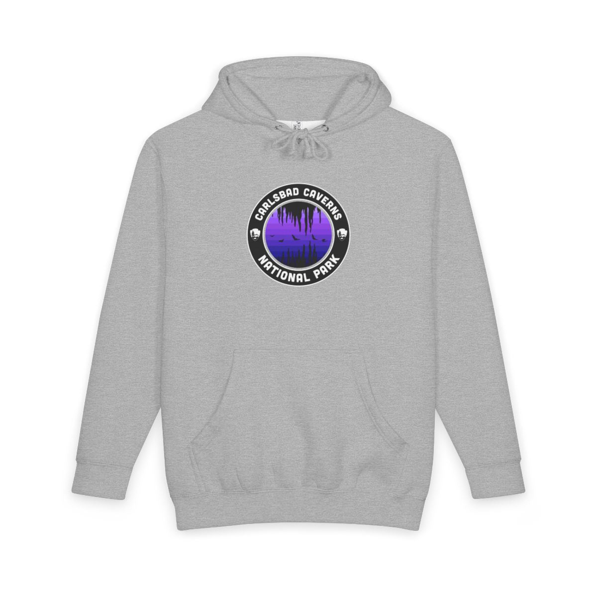 Heather Grey Carlsbad Caverns National Park hoodie, front view with purple round emblem design