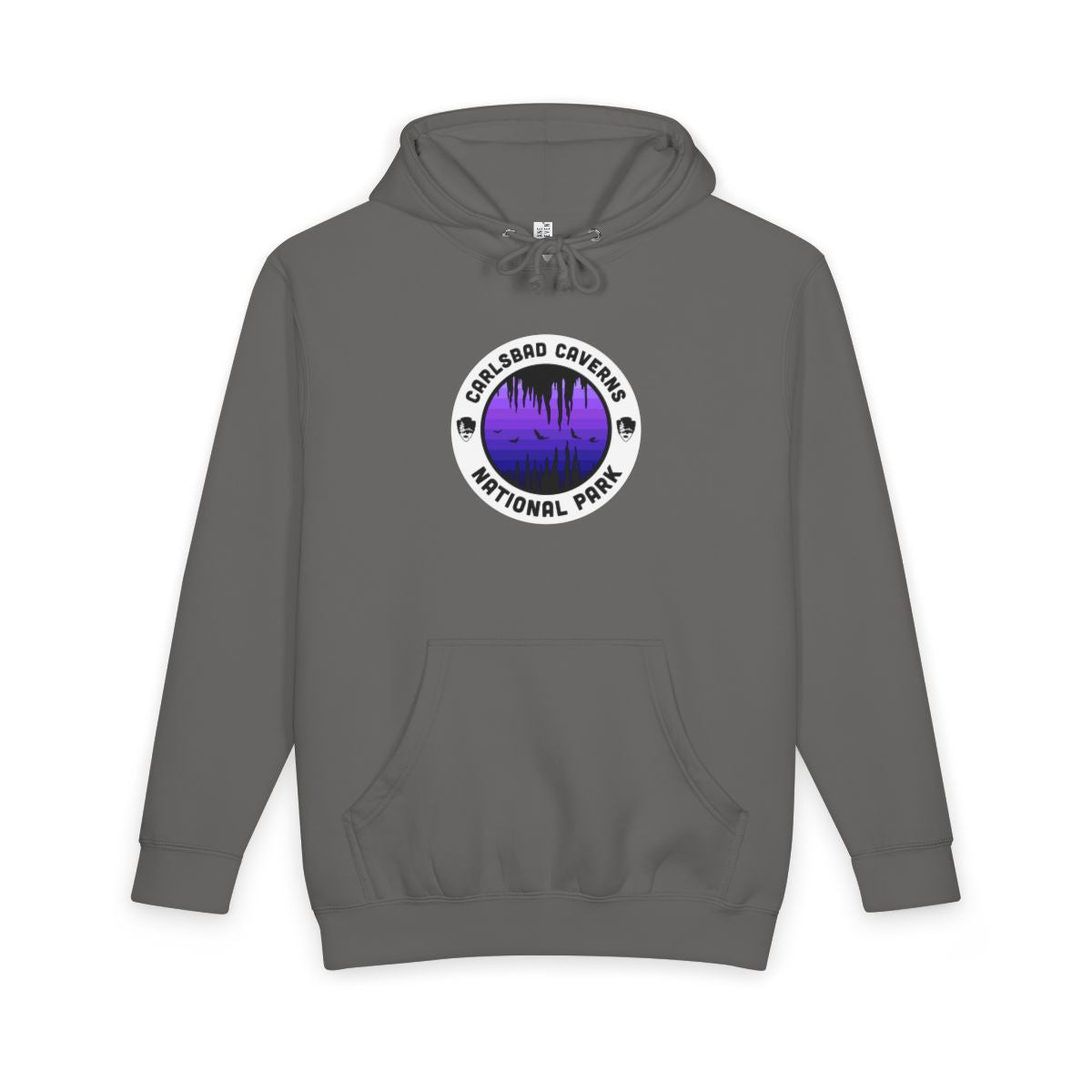 Storm Carlsbad Caverns National Park hoodie, front view with purple round emblem design