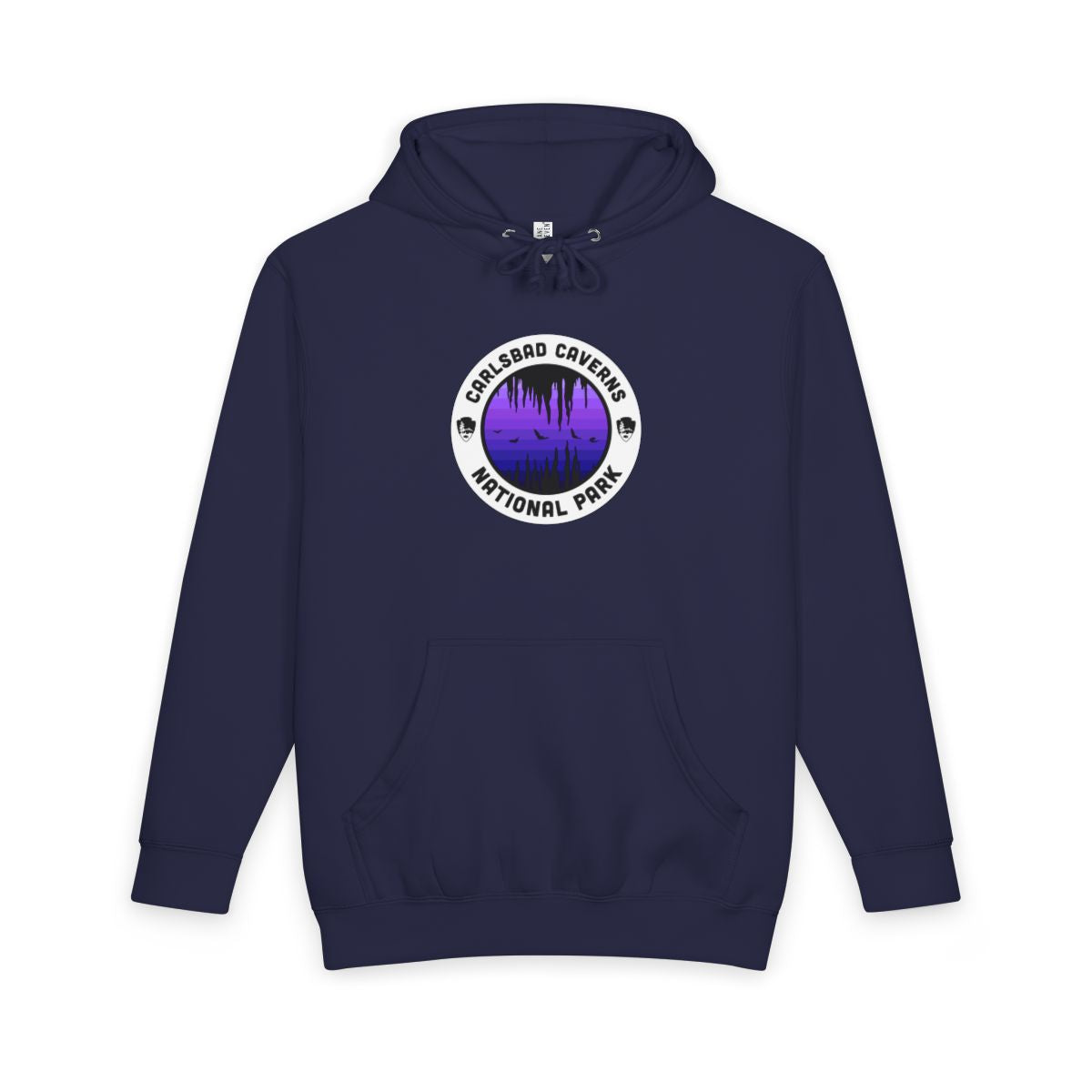 Navy Blue Carlsbad Caverns National Park hoodie, front view with purple round emblem design