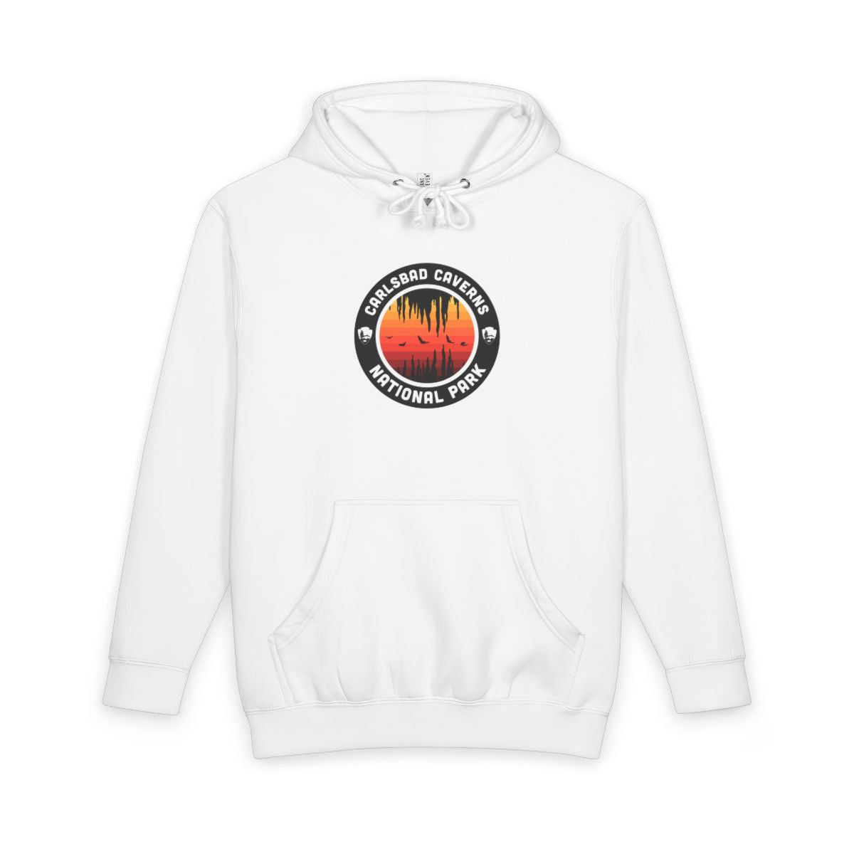 White Carlsbad Caverns National Park hoodie, front view with round emblem design