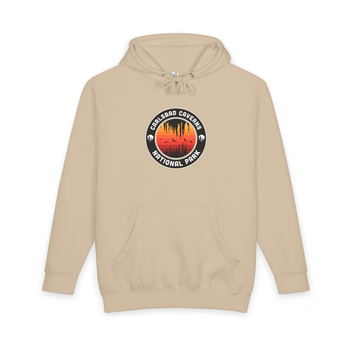 Mushroom Carlsbad Caverns National Park hoodie, front view with round emblem design