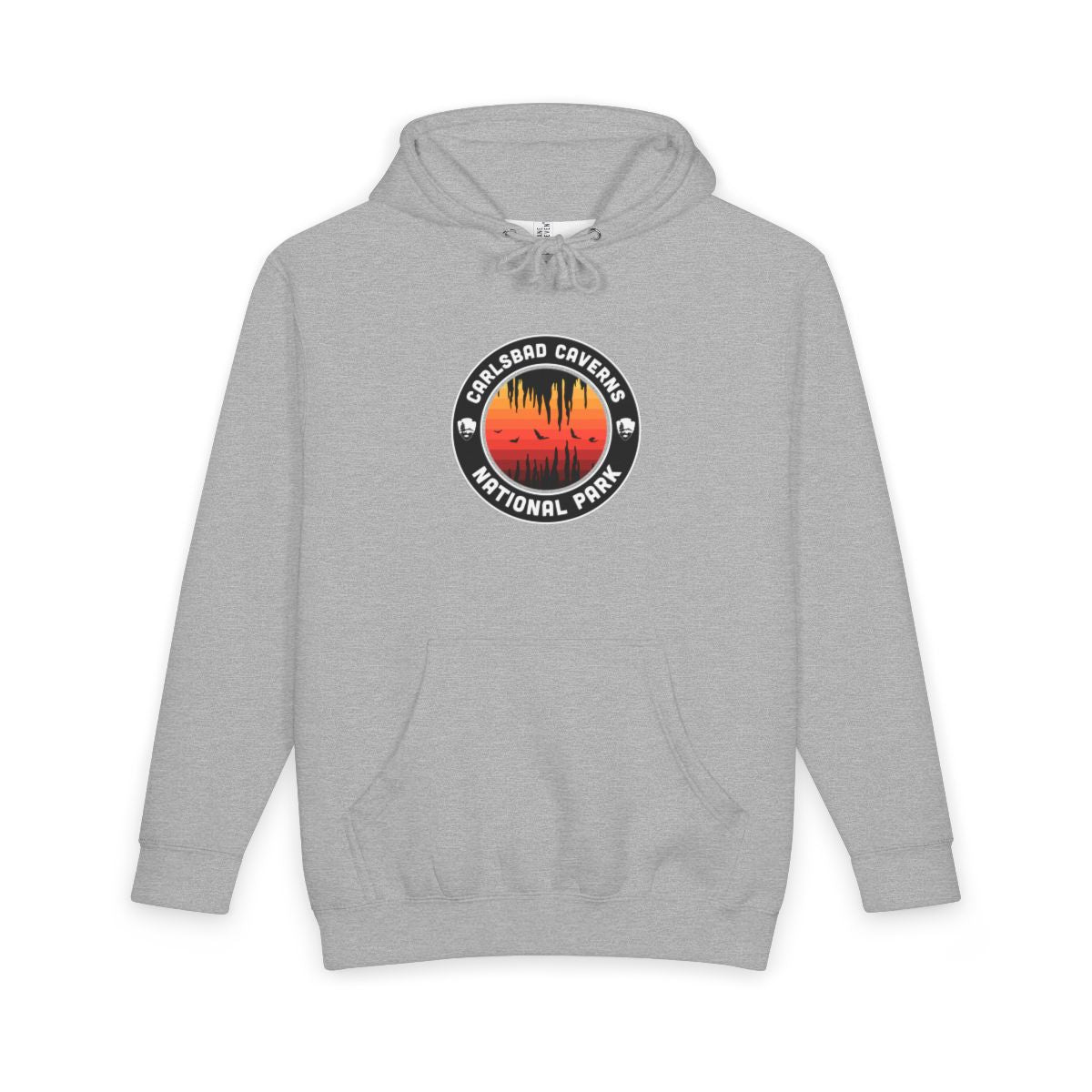 Heather Grey Carlsbad Caverns National Park hoodie, front view with round emblem design