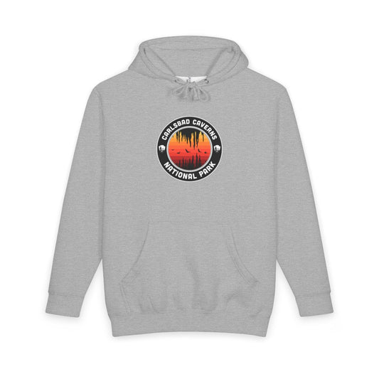 Heather Grey Carlsbad Caverns National Park hoodie, front view with round emblem design