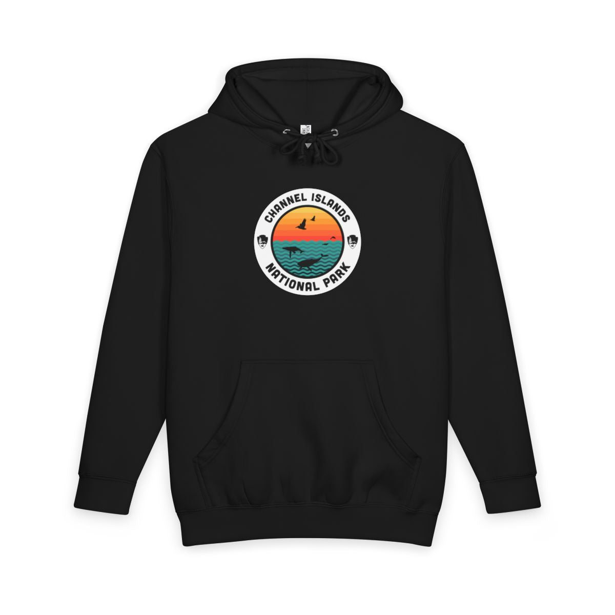 Black Channel Islands National Park hoodie, front view with round emblem design