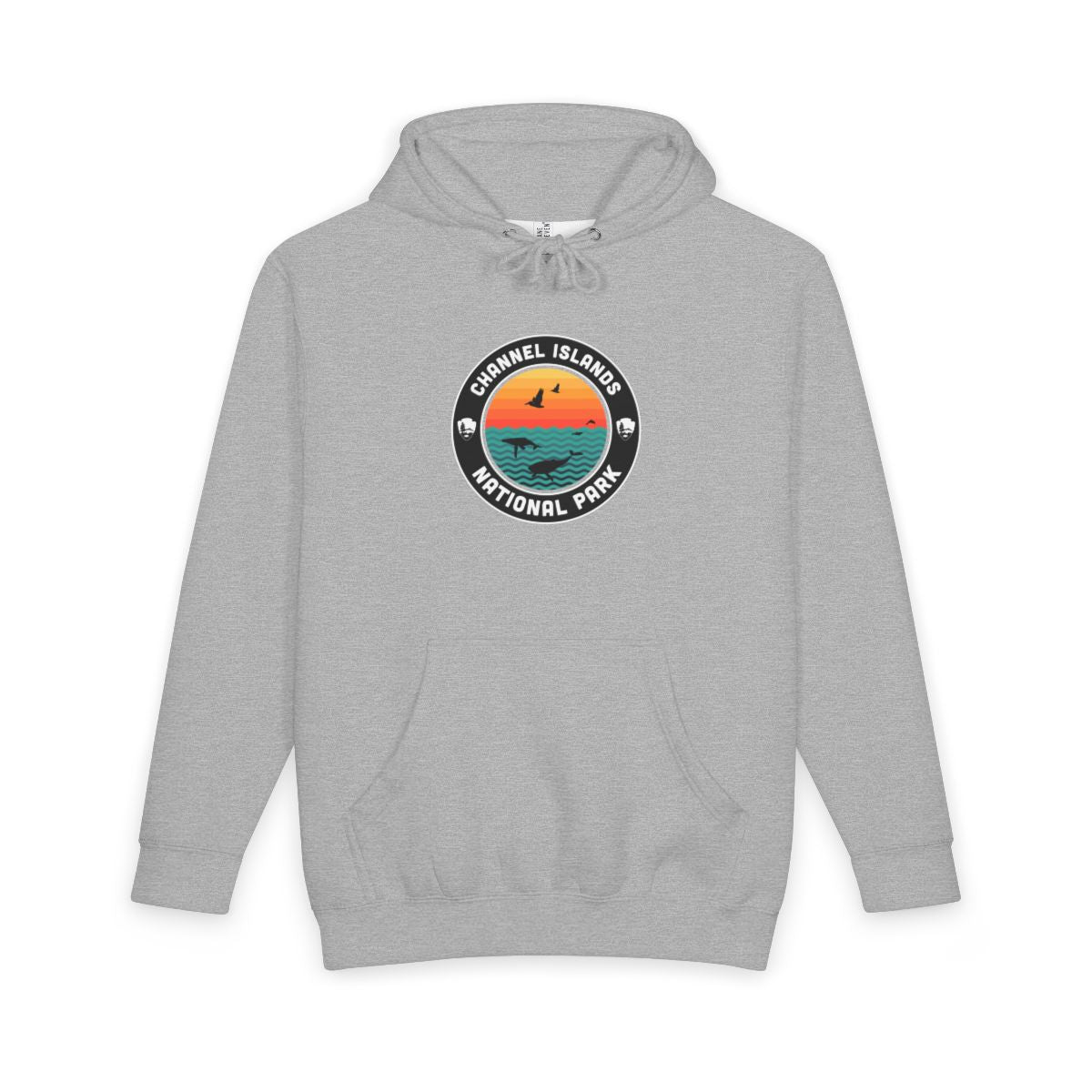 Heather Grey Channel Islands National Park hoodie, front view with round emblem design