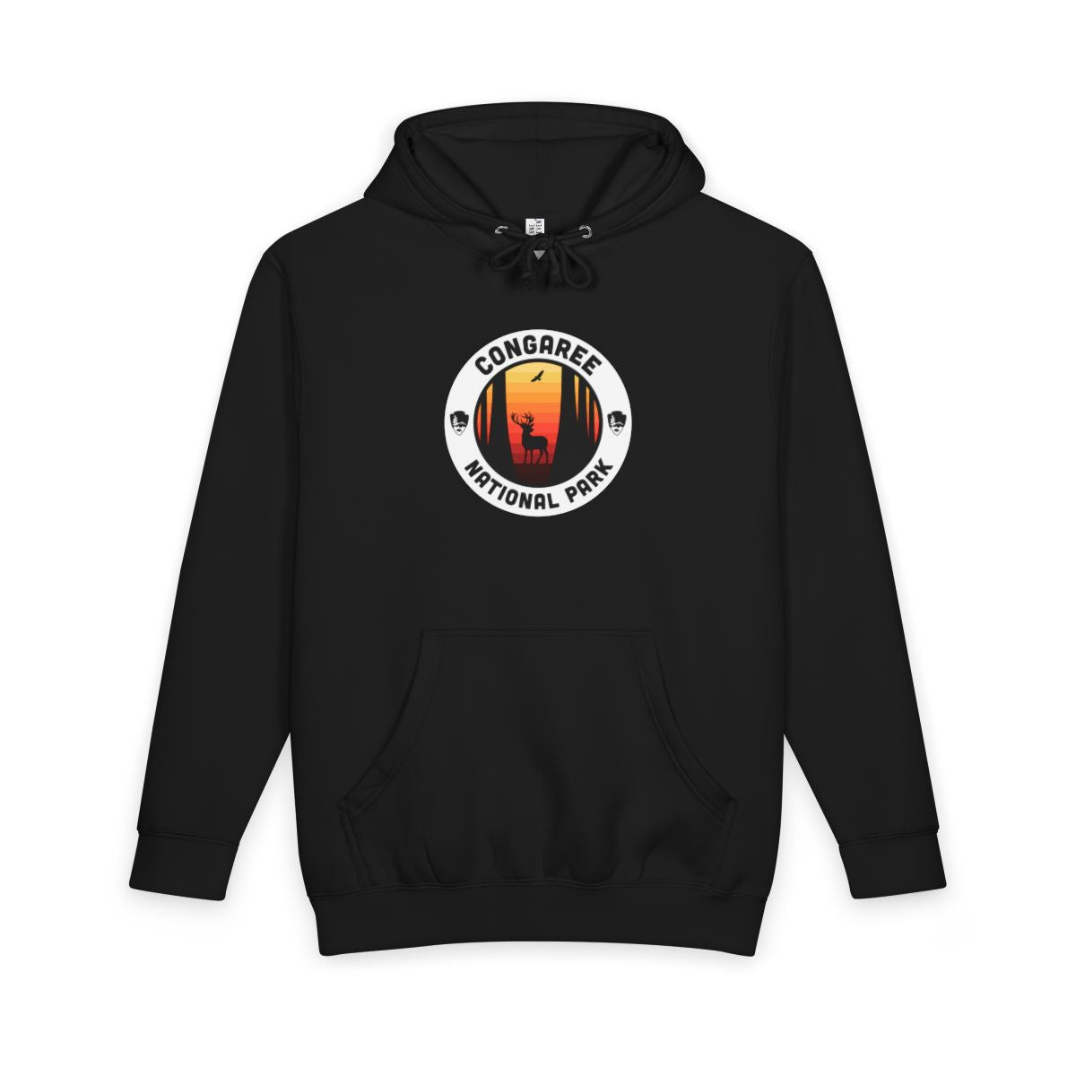 Black Congaree National Park hoodie, front view with round emblem design
