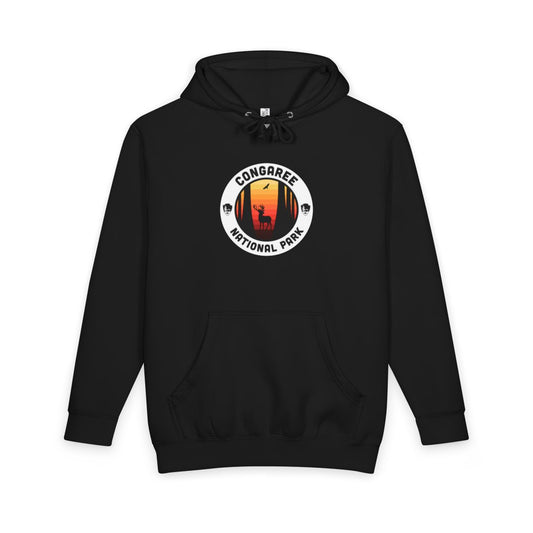 Black Congaree National Park hoodie, front view with round emblem design