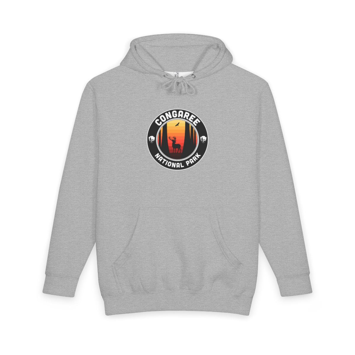 Heather Grey Congaree National Park hoodie, front view with round emblem design