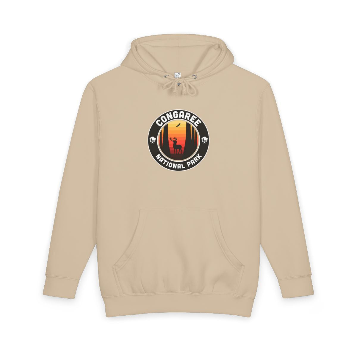 Mushroom Congaree National Park hoodie, front view with round emblem design