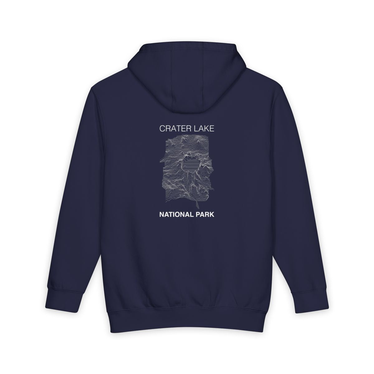 Navy Blue Crater Lake National Park hoodie, back view with topographic line design