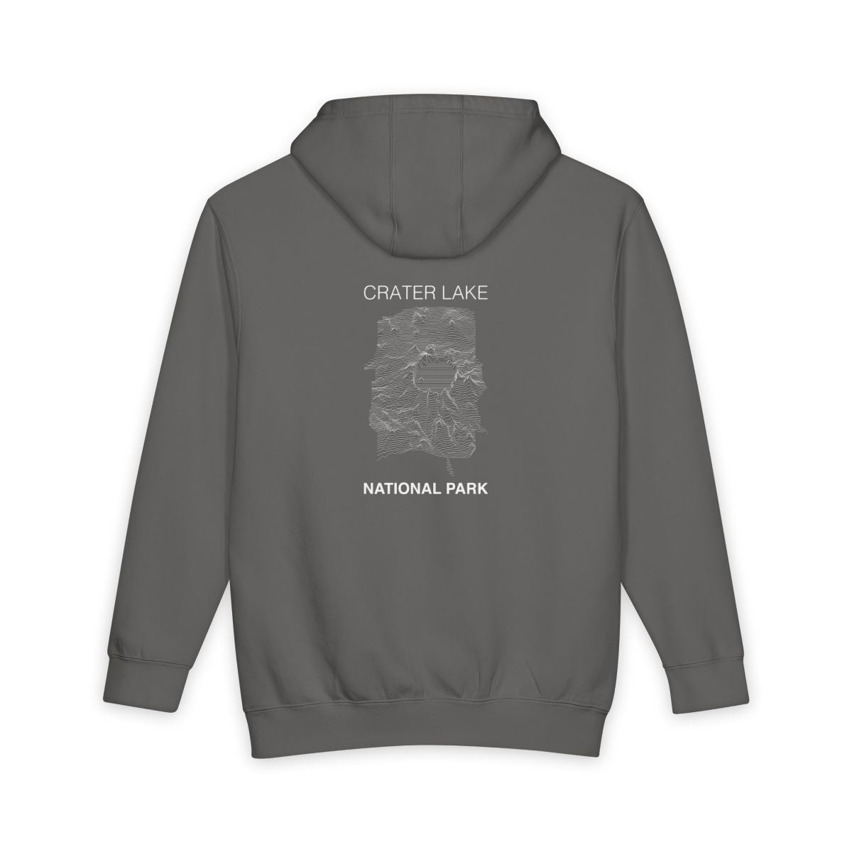 Storm Crater Lake National Park hoodie, back view with topographic line design