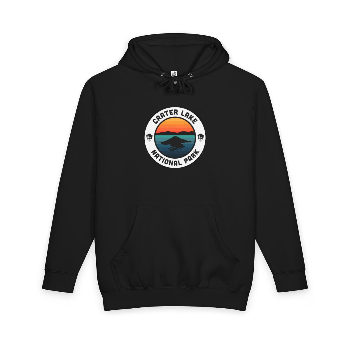 Black Crater Lake National Park hoodie, front view with round emblem design