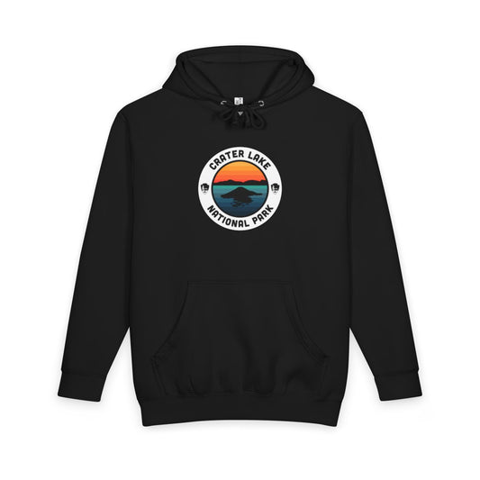 Black Crater Lake National Park hoodie, front view with round emblem design