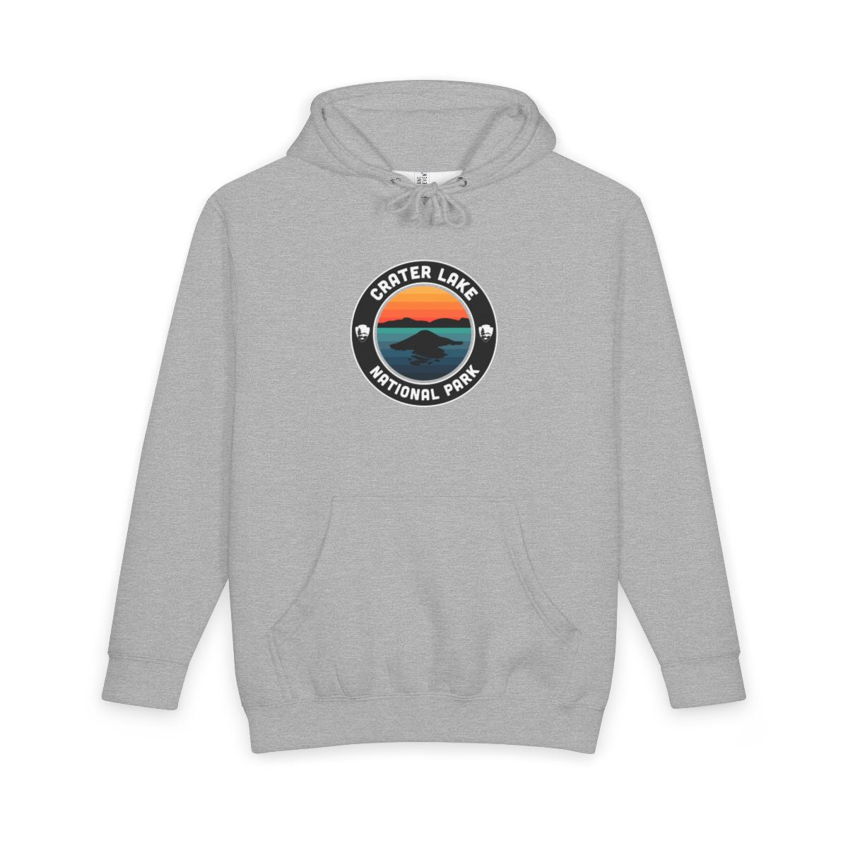 Heather Grey Crater Lake National Park hoodie, front view with round emblem design