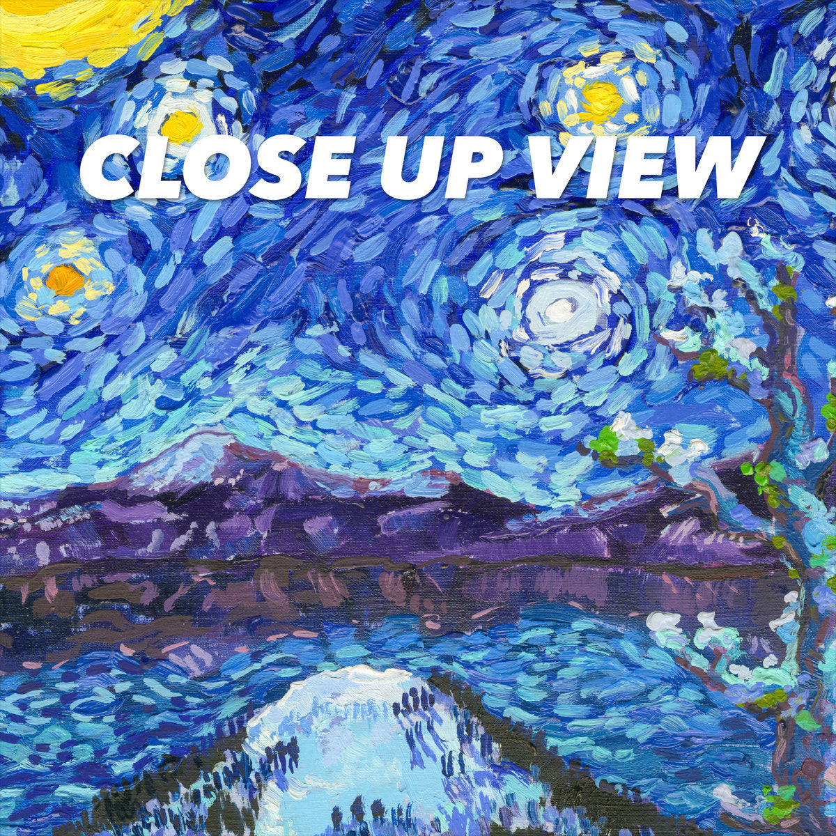 Close-up view of the Crater Lake National Park Starry Night poster artwork, showing colorful Van Gogh-inspired brushwork
