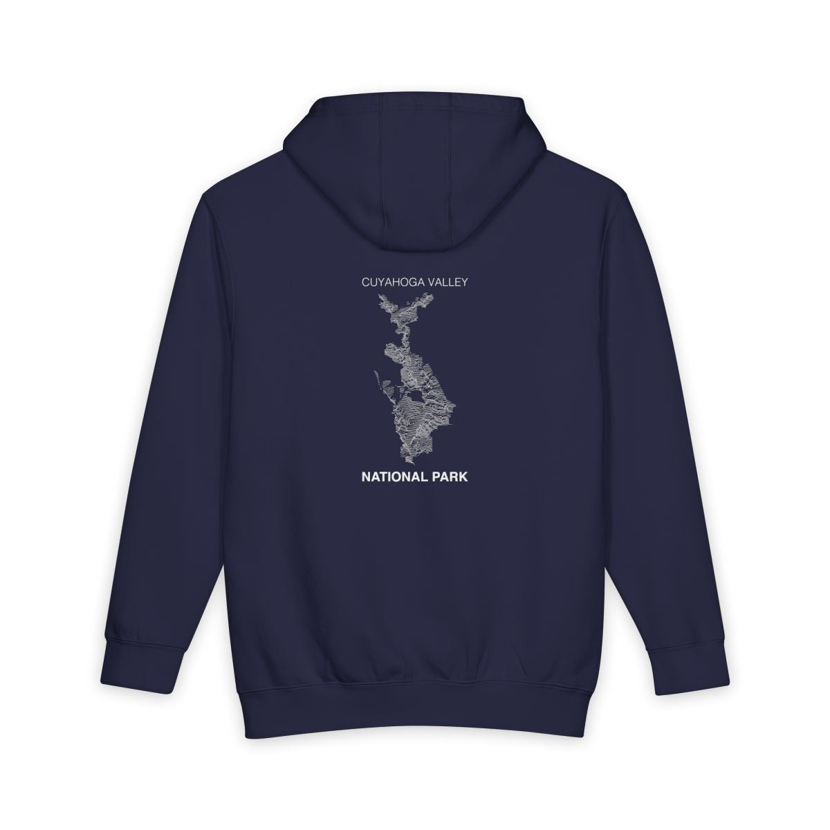 Navy Blue Cuyahoga Valley National Park hoodie, back view with topographic line design