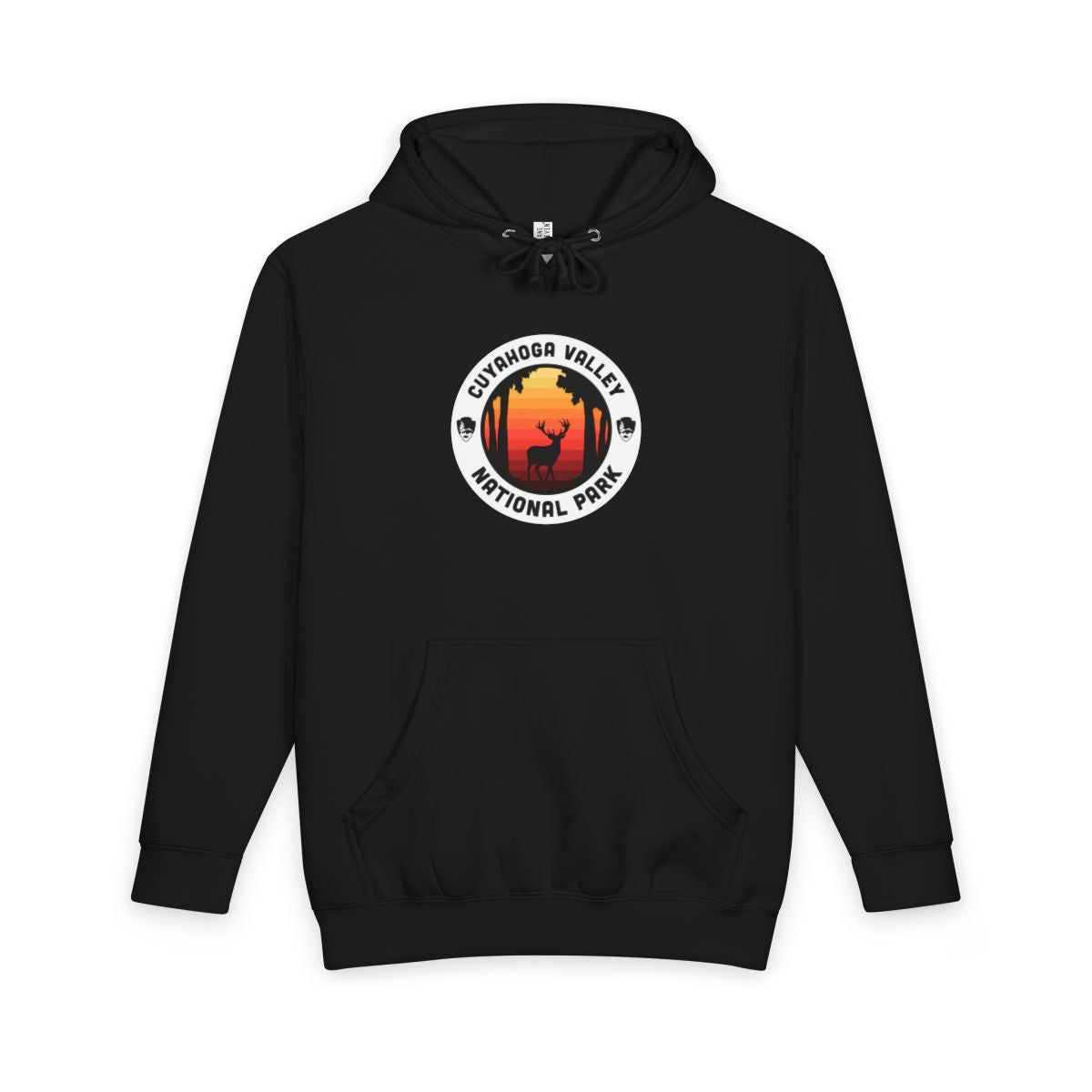 Black Cuyahoga Valley National Park hoodie, front view with round emblem design