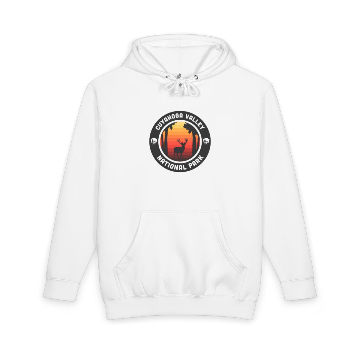 White Cuyahoga Valley National Park hoodie, front view with round emblem design