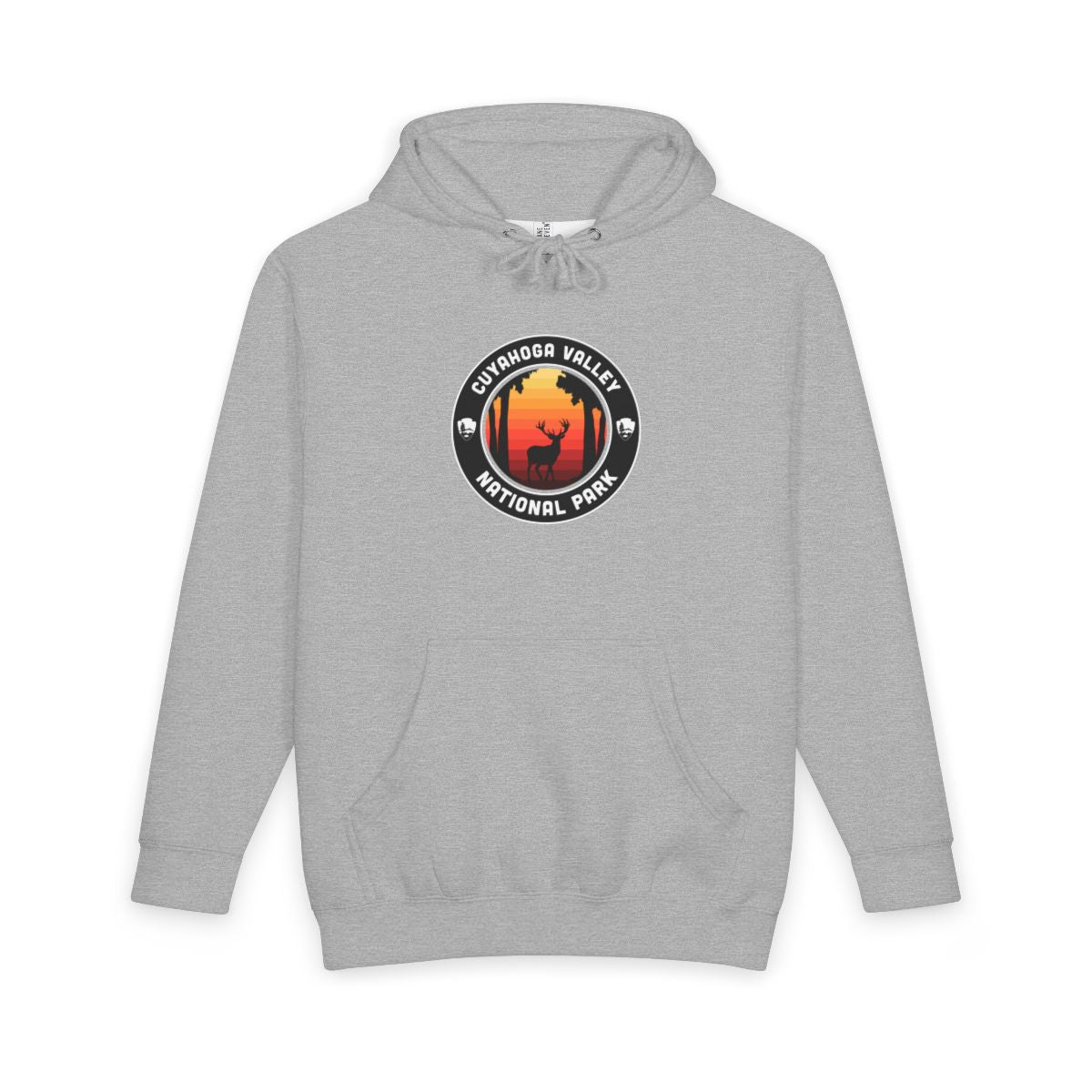 Heather Grey Cuyahoga Valley National Park hoodie, front view with round emblem design