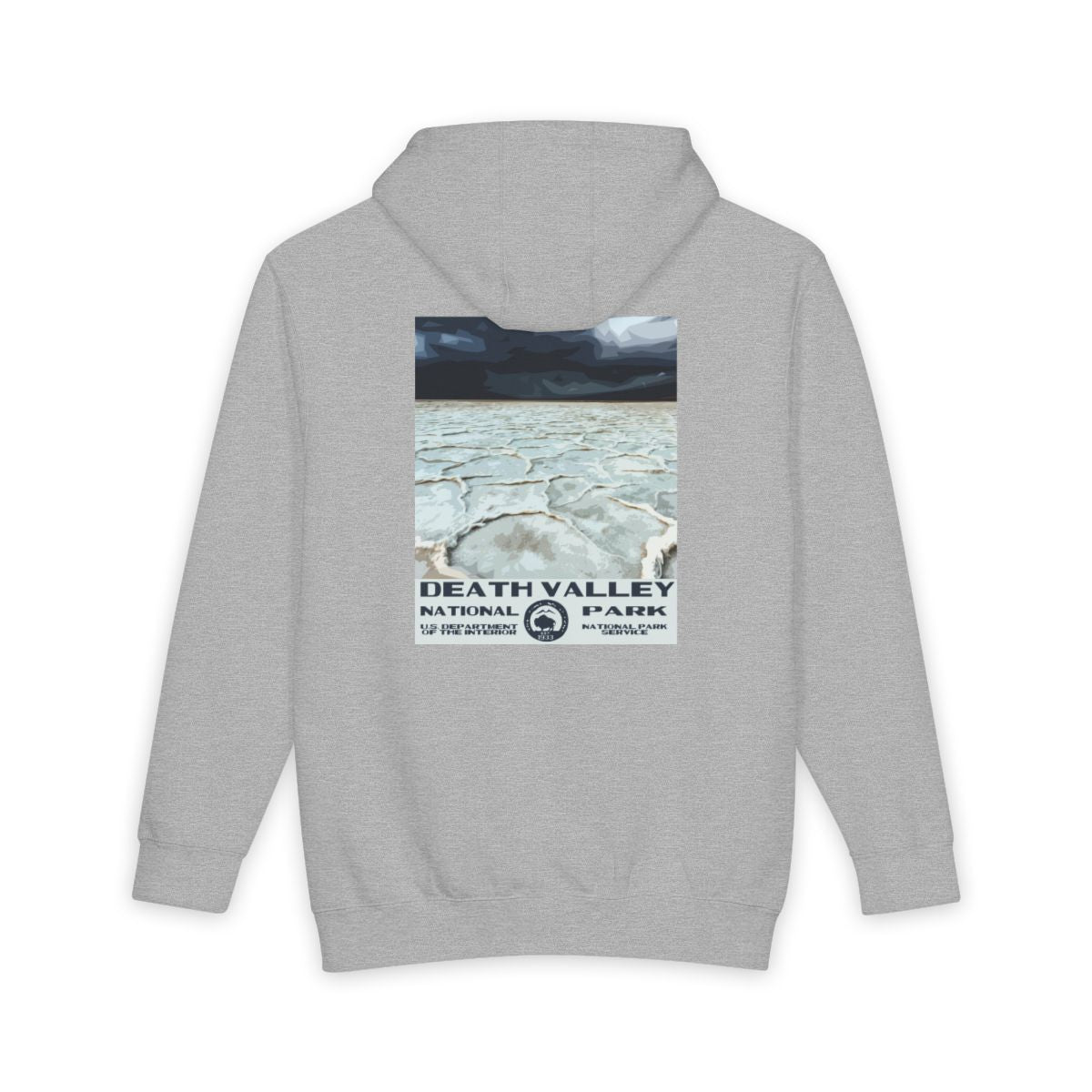 Heather Grey Death Valley National Park hoodie, back view with badwater basin poster artwork