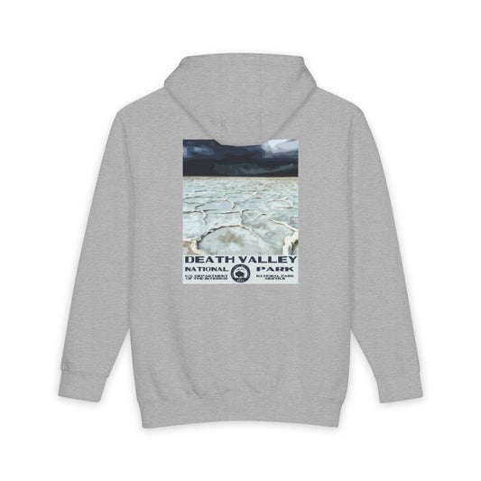Heather Grey Death Valley National Park hoodie, back view with badwater basin poster artwork
