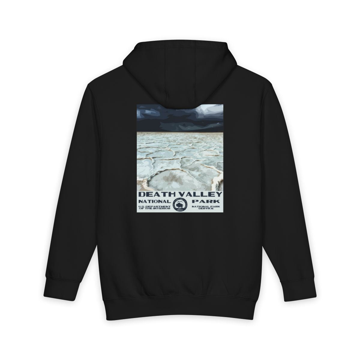 Black Death Valley National Park hoodie, back view with badwater basin poster artwork
