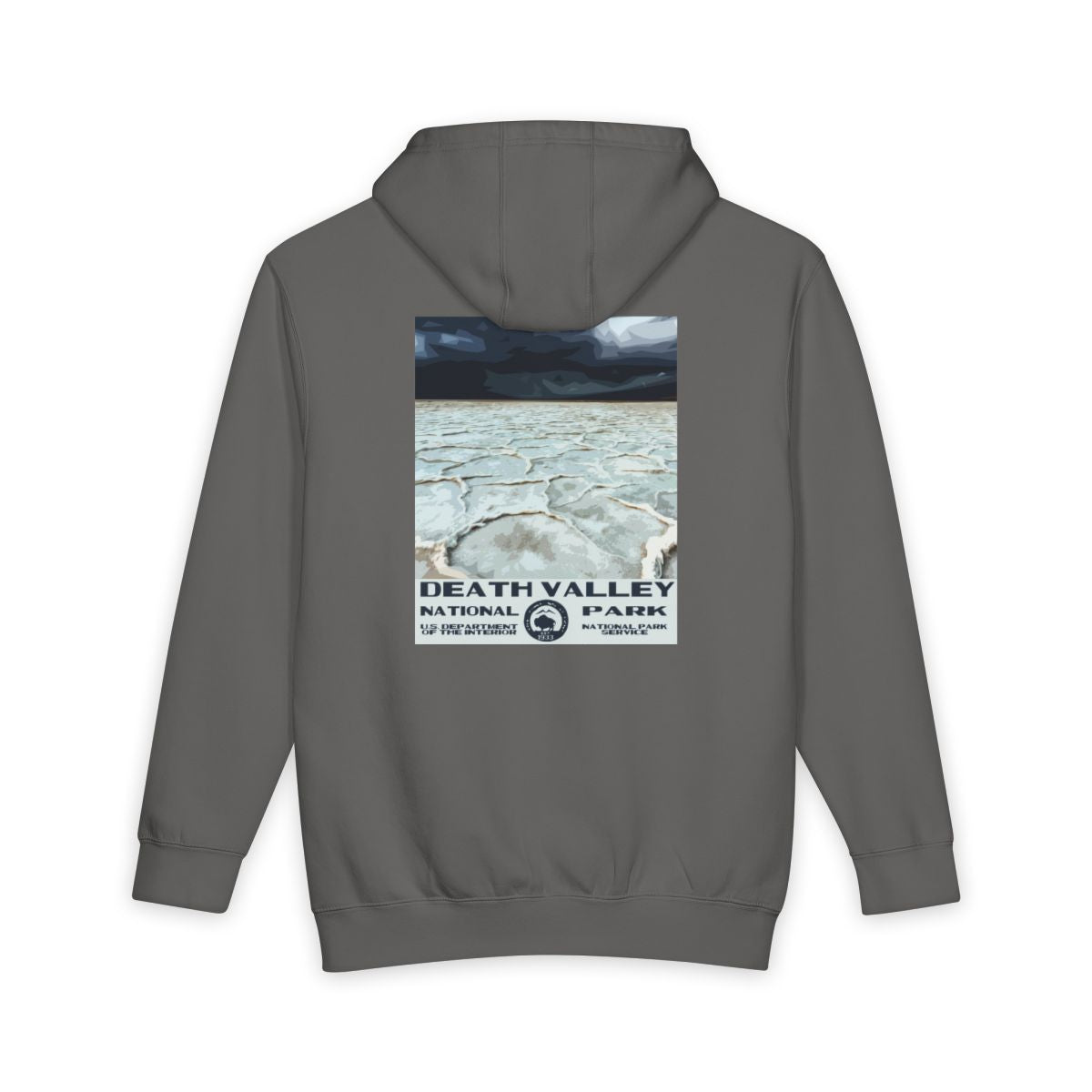 Storm Death Valley National Park hoodie, back view with badwater basin poster artwork