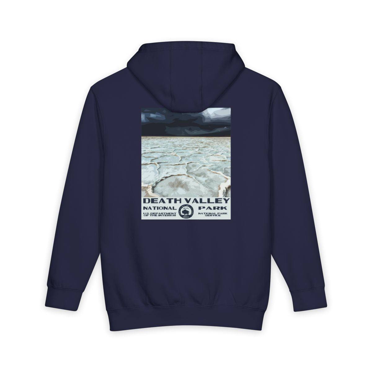 Navy Blue Death Valley National Park hoodie, back view with badwater basin poster artwork