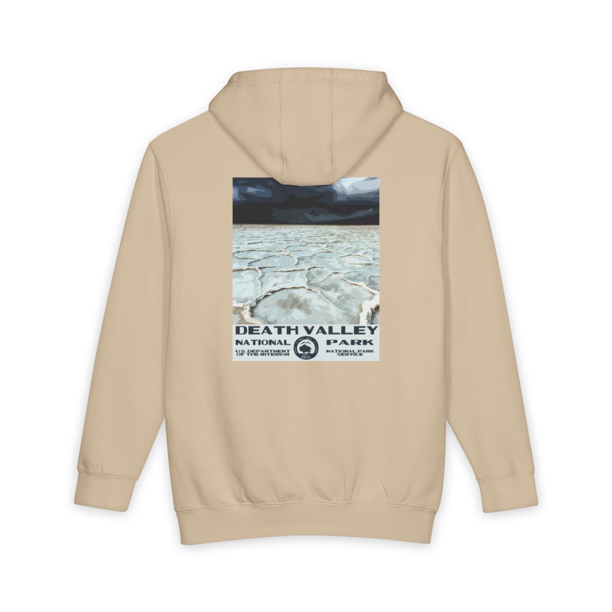 Mushroom Death Valley National Park hoodie, back view with badwater basin poster artwork