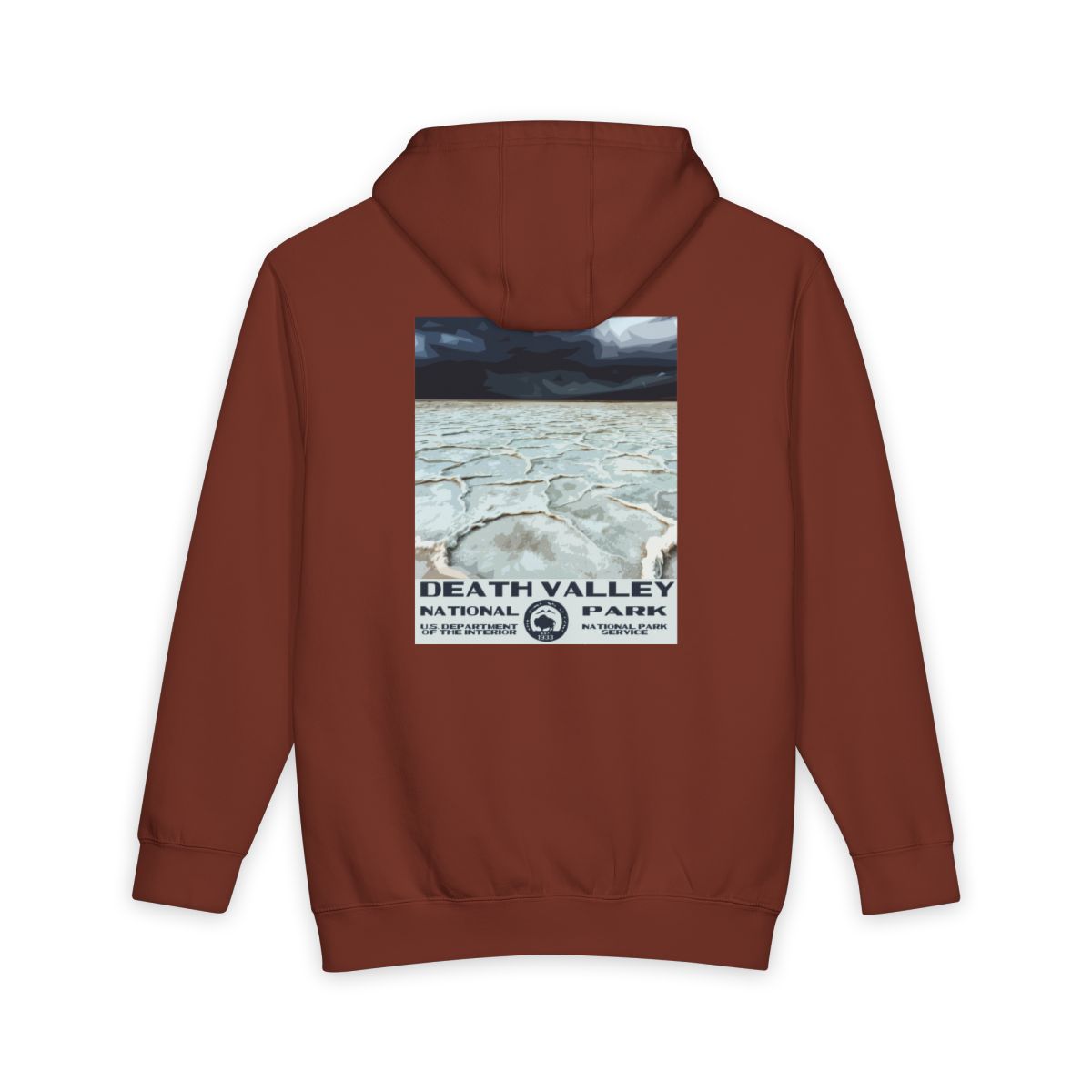 Paprika Death Valley National Park hoodie, back view with badwater basin poster artwork
