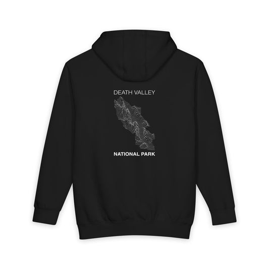 Black Death Valley National Park hoodie, back view with topographic line design