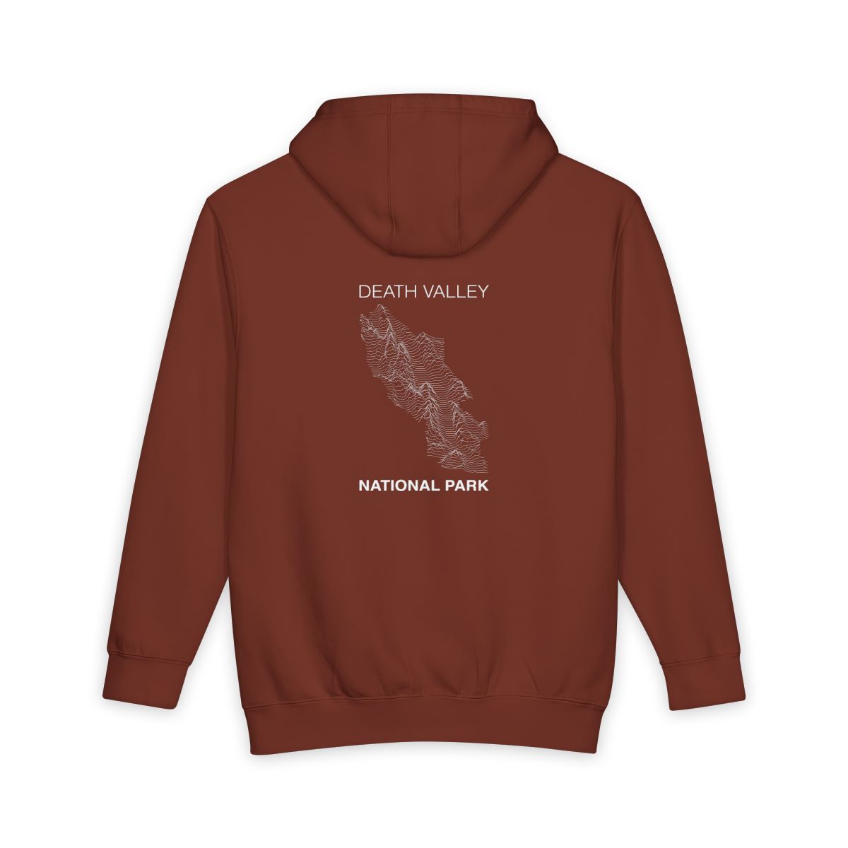 Paprika Death Valley National Park hoodie, back view with topographic line design